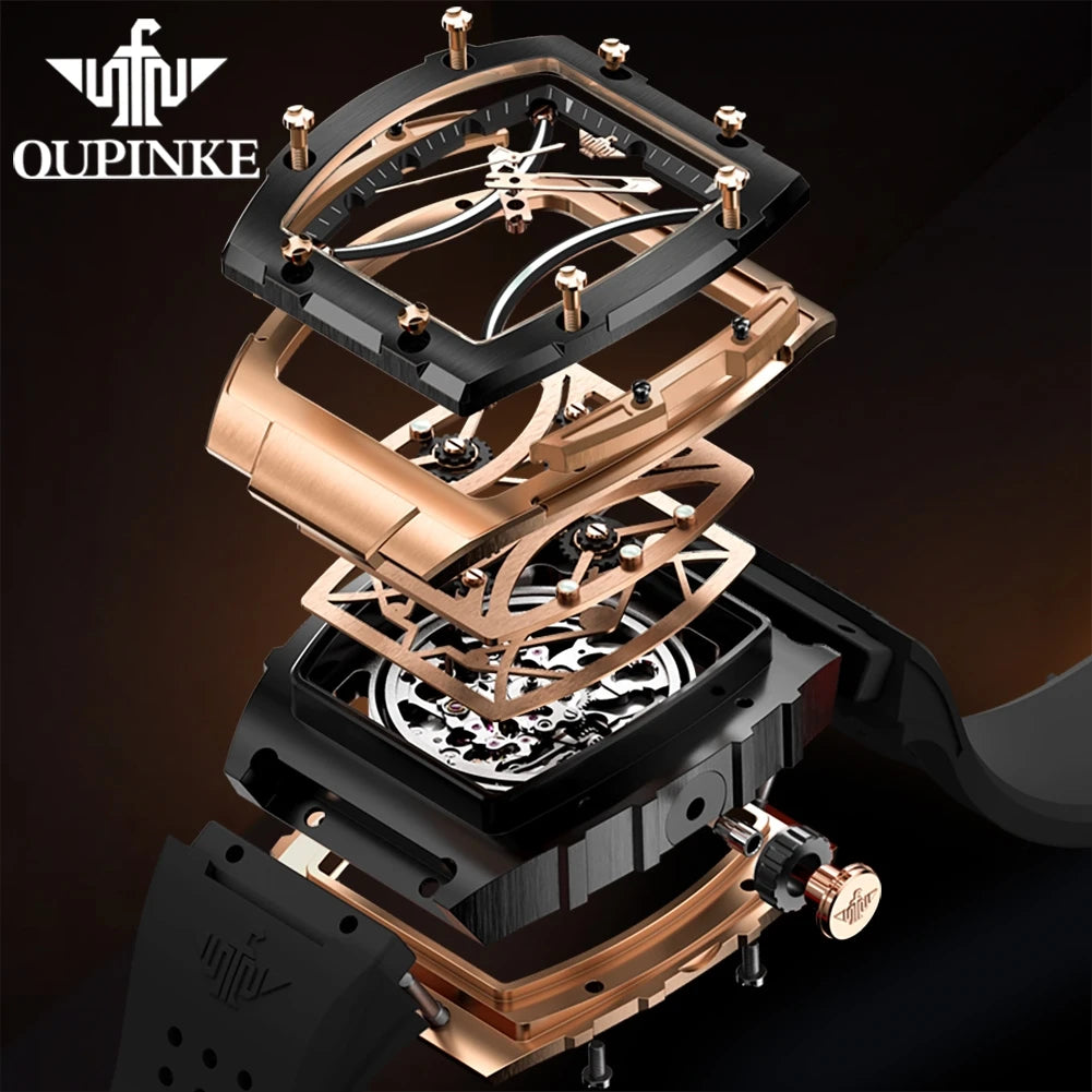 OUPINKE Herrenuhr – klassische Luxus-Armbanduhr mit Tonneau-Zifferblatt, Original-Topmarke, automatische mechanische Uhr, Silikonarmband, Saphirglas, neu