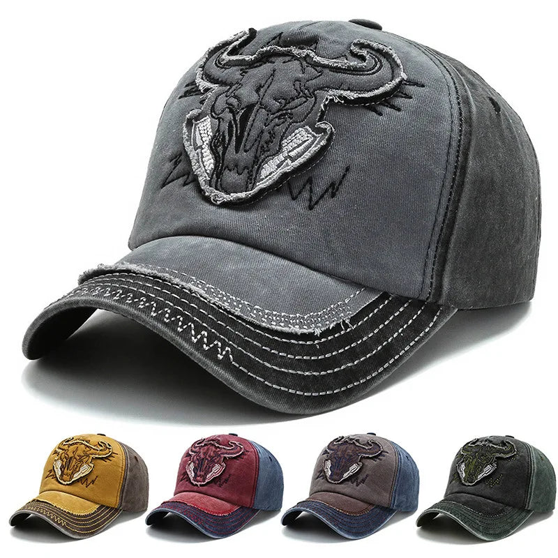Hip Hop Vintage vasket denim baseballkasket til mænd med broderet tyrehoved, Y2K-snapback, dad hats til kvinder og mænd