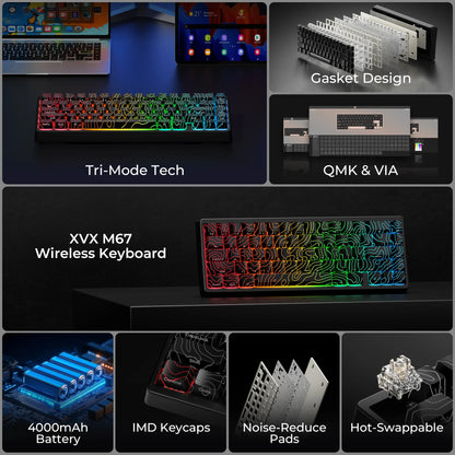 XVX M67 JadeStone Mechanical Keyboard With IMD-Tech Keycaps Hot Swappable Gasket Tri-Mode Custom RGB Wireless Keyboard 65%