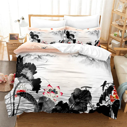 Bambukuvioinen pussilakanasetti, kiinalaistyylinen vuodevaatesetti, nuorten pellavasetti, Queen Size -kokoinen peitonpäällissetti, muodikas vuodevaatesetti