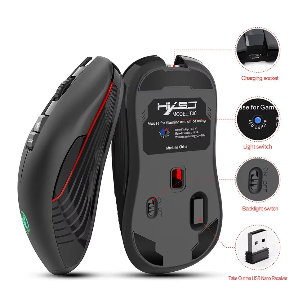 Ratón inalámbrico USB recargable para diestros, con Type-C, para portátil y ordenador, clic silencioso, retroiluminado, ratón gaming 3600cpi