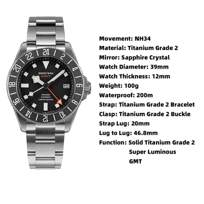 SEESTERN Diver Man Watch Titanium Automatic GMT Mechanical Wristwatch NH34 Movement Sapphire Crystal 20ATM Waterproof Lume S462