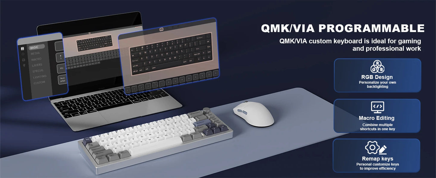 YUNZII AL68 Silver Aluminum Mechanical Gaming Keyboard, QMK/VIA Wireless Keyboard, Hot Swap Gasket Custom Keyboard with Knob