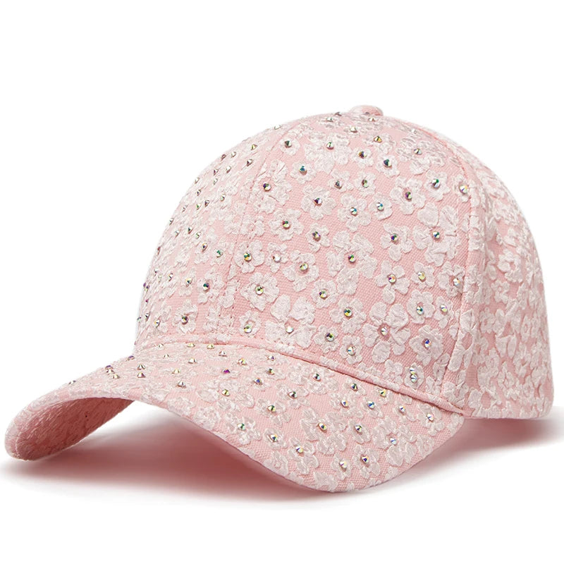 CNTANG Sommer-baseballkasket til kvinder med rhinestones og blomsterbroderi, snapback-kasket til kvinder, designer-solhat, hiphop-kasketter i Y2K-stil