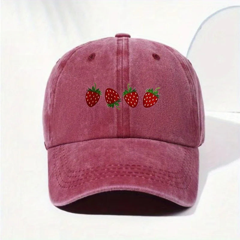 Casquette de baseball imprimée « fraises » avec visière réglable, casquette « duckbill » tendance pour hommes et femmes, design à visière souple
