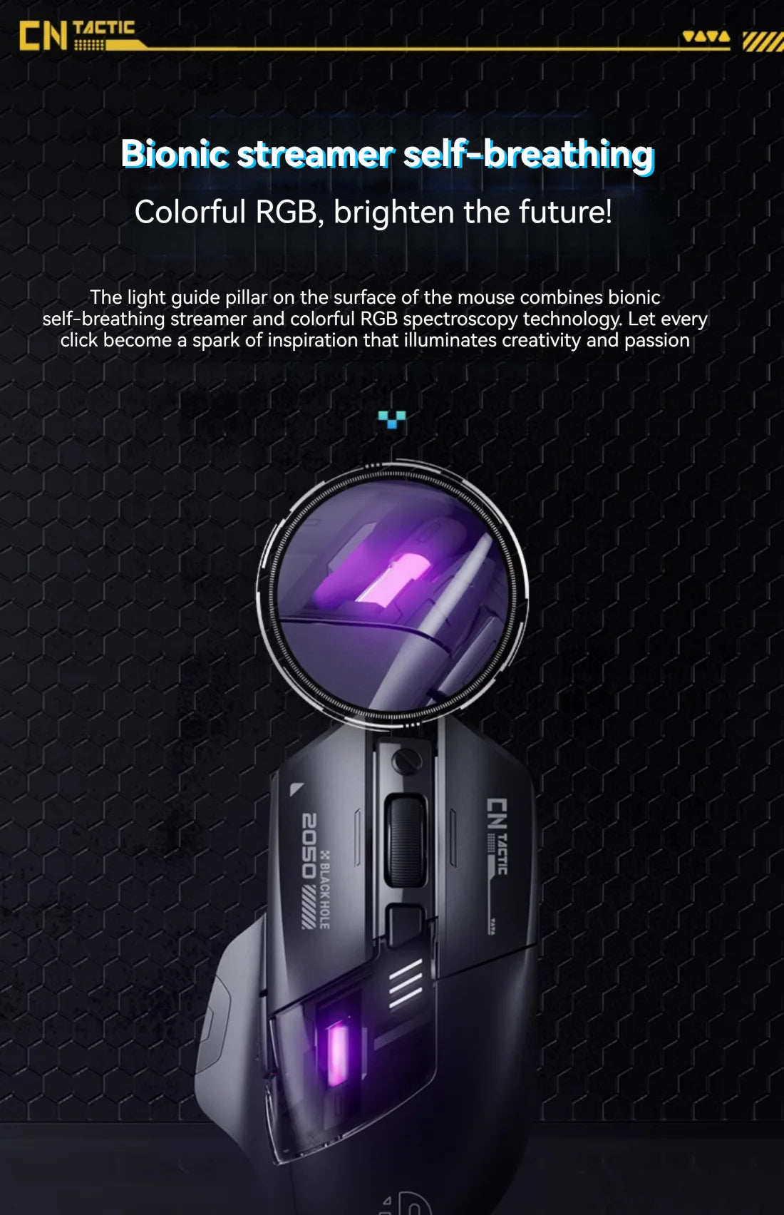 Mouse da gioco Inphic A9 Pro tri-mode, indicatore di alimentazione con guida luminosa colorata, DPI regolabili, macro driver, ergonomico, 12800DPI