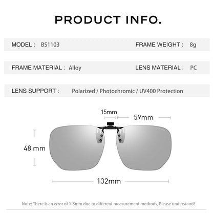 CAPONI New Sunglasses Clip For Men Square Polarized Photochromic Glasses Clip Flipped Up Protect Eyes Light Clip On Frame BS1103