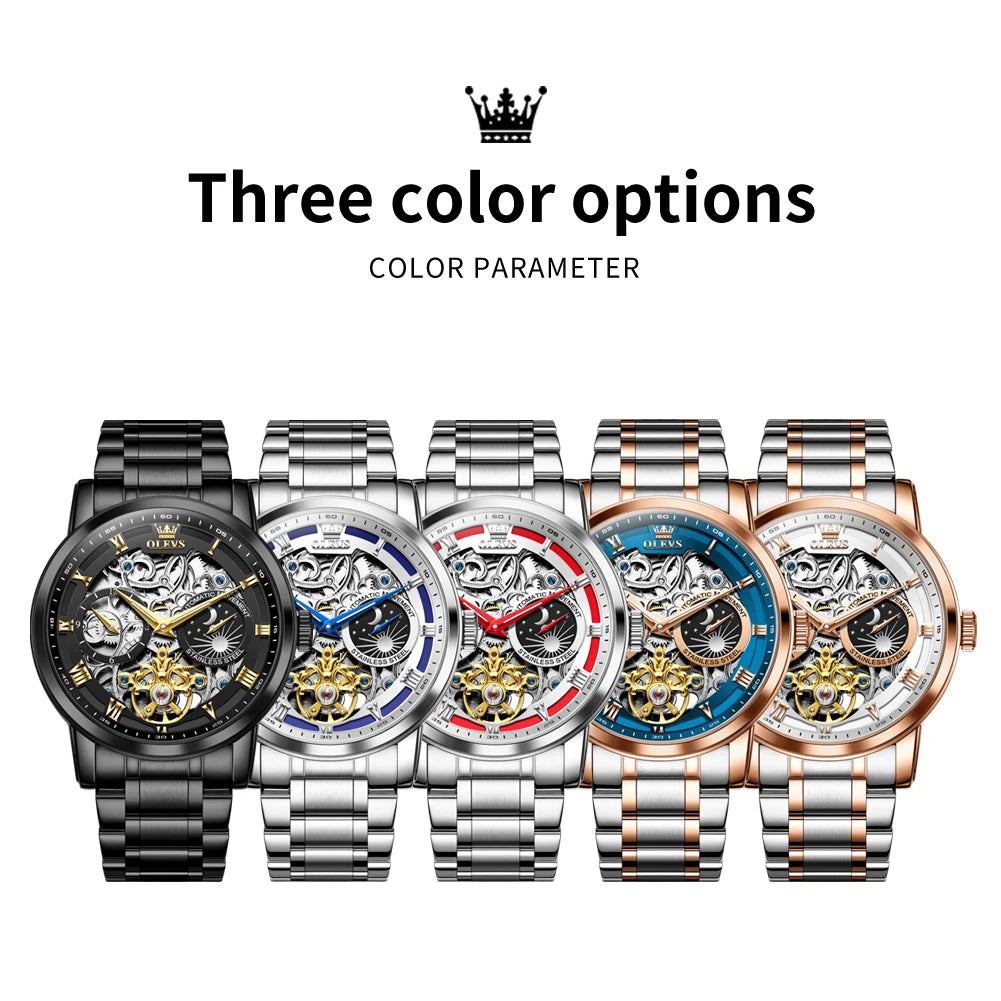 OLEVS 6670 Mens Watch Luxury Brand Skeleton Mechanical Watch Moon Phase Stainless Steel Watches For Man Gifts Box High Quality