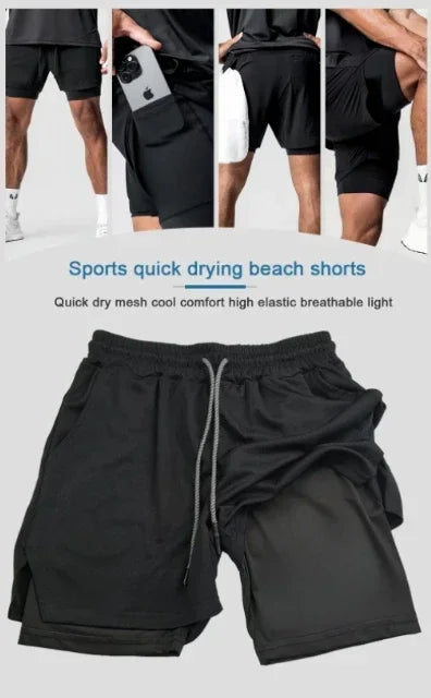 2026 Summer Dragon Ball Goku Super Saiyan Retro Gym Men's Double Layer 2-in-1 Shorts Oversized Print Fitness Workout Streetwear
