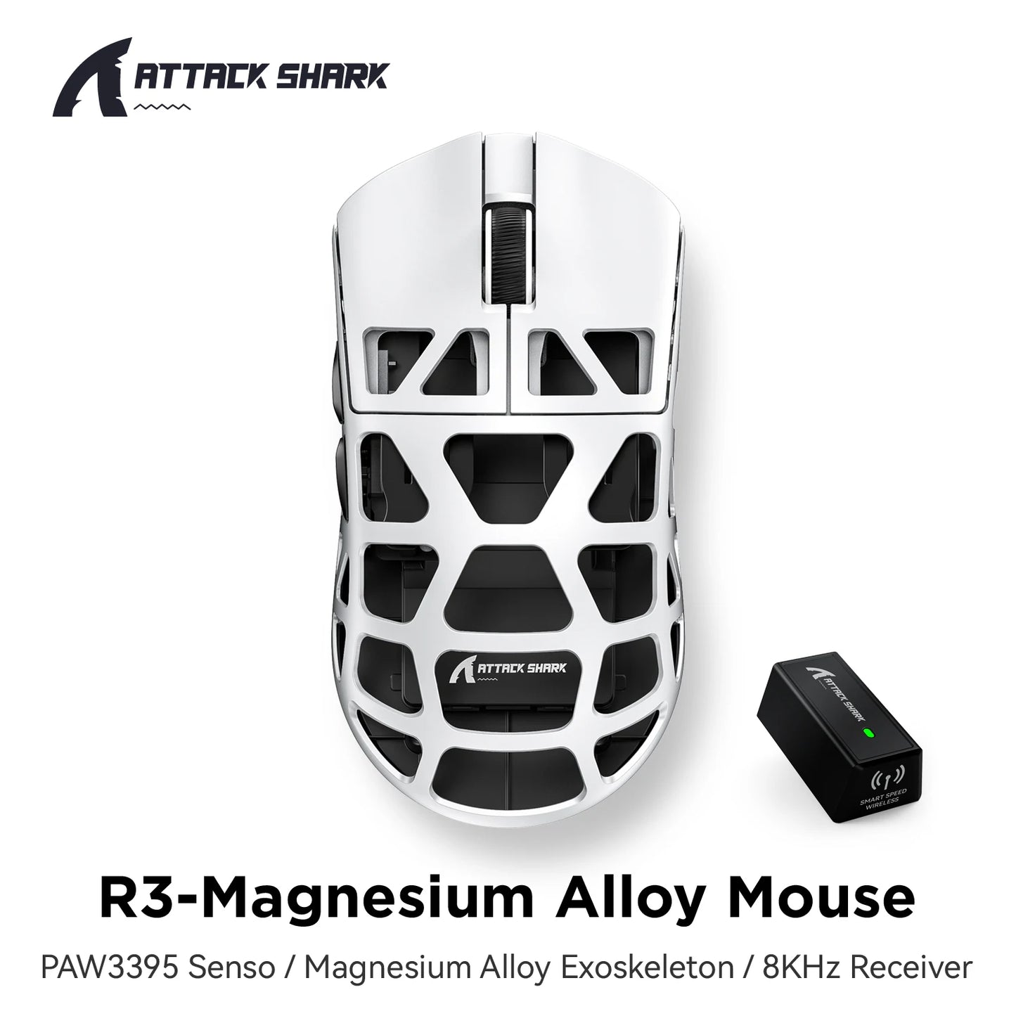 ATTACK SHARK R3 gamingmus i magnesiumlegering med bikakestruktur, ultralätt 8K Hz, PAW3395-sensor, 26000 DPI, ergonomiskt skal