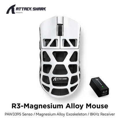 ATTACK SHARK R3 gamingmus i magnesiumlegering med bikakestruktur, ultralätt 8K Hz, PAW3395-sensor, 26000 DPI, ergonomiskt skal