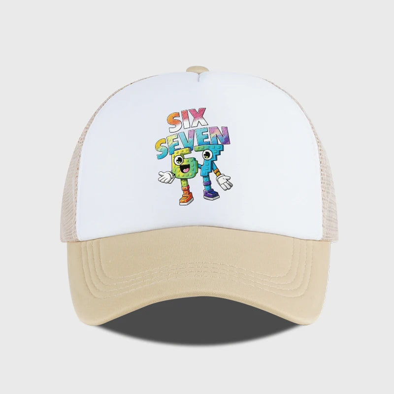 Six Seven Cartoon Number Print Sponge Mesh Cap – Unisex Colorful Building Block Mesh Baseball Cap – Adjustable, Breathable Sun H