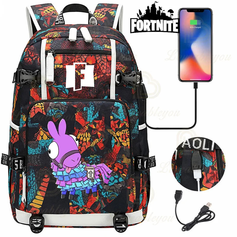 Red Jade F-Fortnited Battle Royale Backpack with USB Charging Anime Figures Study Stationery Compartment for Students Mochila