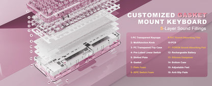 YUNZII X98 Pink QMK/VIA Wireless Transparent RGB Keyboard, Hot-Swap Gasket Mechanical Gaming Keyboard, Pre-lubed Knob Keyboard