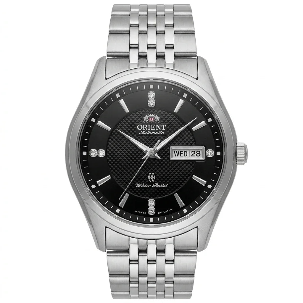Montre mécanique automatique pour homme Orient, avec double calendrier (date et jour de la semaine), index en cristal et bracelet en acier inoxydable – Montre-bracelet de style professionnel