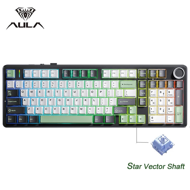 Tastiera meccanica gaming AULA F99PRO 99 tasti, tri-mode wireless, hot-swappable, struttura gasket, tastiera personalizzabile con manopola multimediale