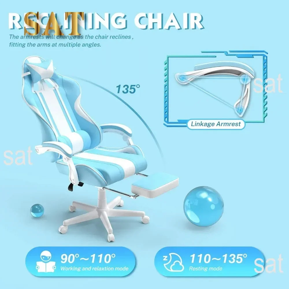 For Kawaii Light Blue Gaming Chair with Bunny Ears, Ergonomic Cute Gamer Chair with Footrest and Massage, Racing Reclining