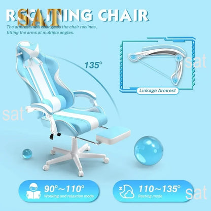 For Kawaii Light Blue Gaming Chair with Bunny Ears, Ergonomic Cute Gamer Chair with Footrest and Massage, Racing Reclining