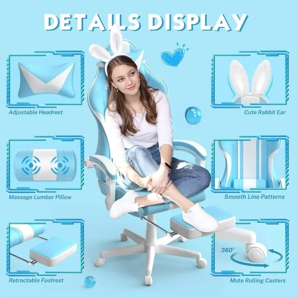 For Kawaii Light Blue Gaming Chair with Bunny Ears, Ergonomic Cute Gamer Chair with Footrest and Massage, Racing Reclining