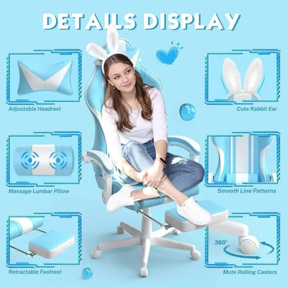 For Kawaii Light Blue Gaming Chair with Bunny Ears, Ergonomic Cute Gamer Chair with Footrest and Massage, Racing Reclining