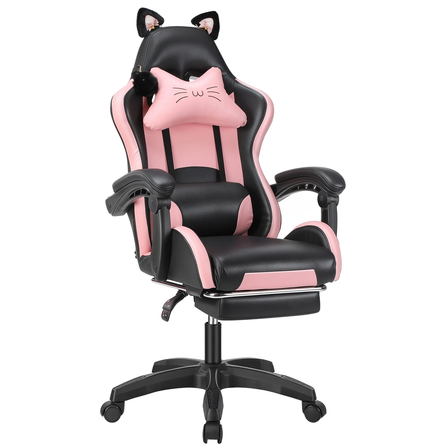 Cat Ear Gaming Chair with Footrest, Ergonomic Computer Gaming Chair with Lumbar Support, Adjustable Height 360° Swivel Racing Chair