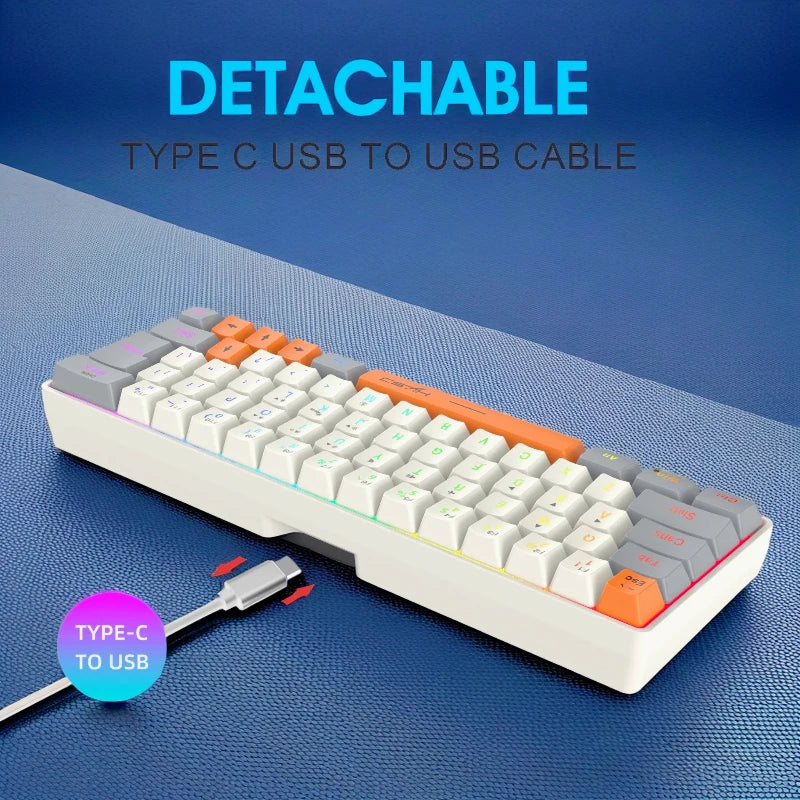Keyboard RGB USB wired 63 keys gaming gamer compact  mini pc keyboards for trips,office,games business key board (Grey&Orange)
