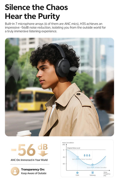 Casque sans fil Bluetooth 6.0 QCY BH25H3SA avec audio spatial 3D, réduction de bruit active adaptative -56 dB, haut-parleur de 53 mm, casque pliable supra-auriculaire