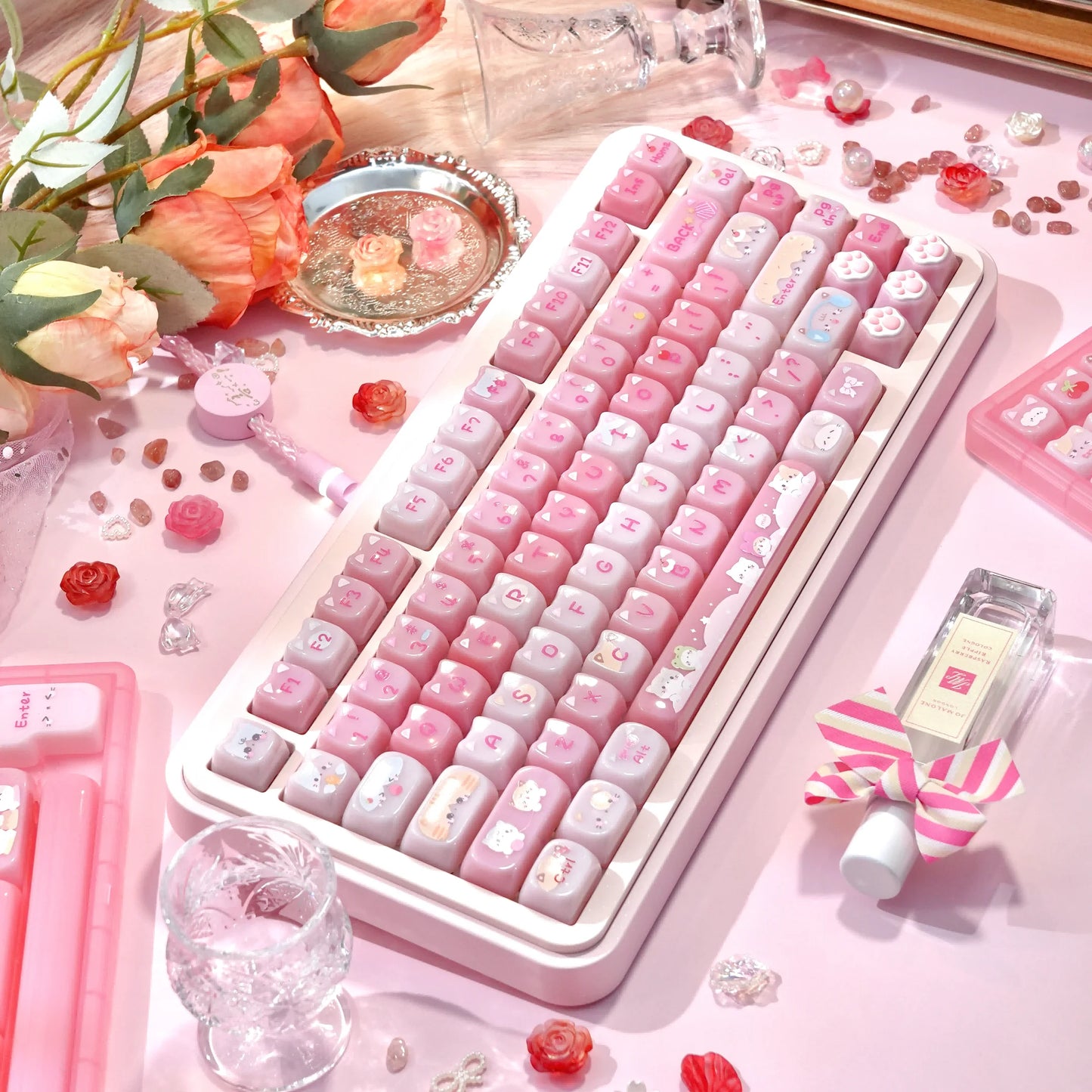 Pink Meow Keycaps Cute Cat Head MAO Cherry Profile PBT Key Cap For Gift Mechanical Keyboard KeyCap Keyboards Accessories