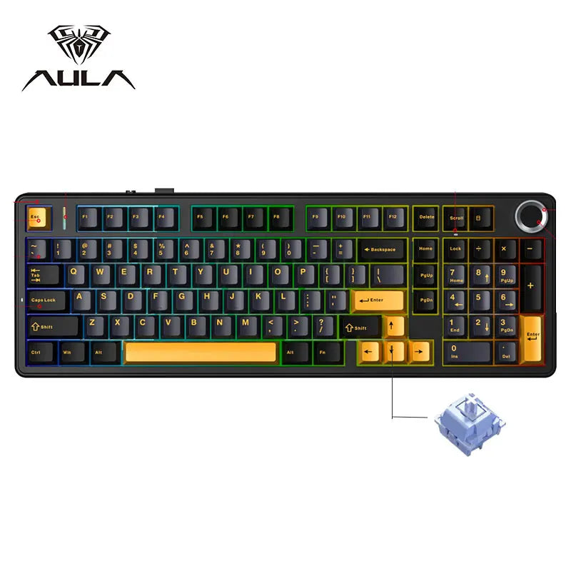 Tastiera meccanica gaming AULA F99PRO 99 tasti, tri-mode wireless, hot-swappable, struttura gasket, tastiera personalizzabile con manopola multimediale