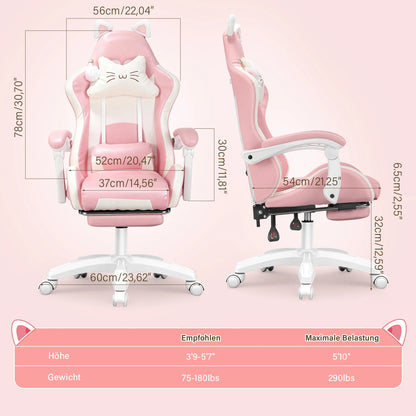Cat Ear Gaming Chair with Footrest, Ergonomic Computer Gaming Chair with Lumbar Support, Adjustable Height 360° Swivel Racing Chair