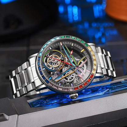 Montre squelette pour homme, style mode, ornée de pierres précieuses aux couleurs de l'arc-en-ciel, dotée d'un tourbillon; montre mécanique automatique de luxe, étanche jusqu'à 30 mètres.