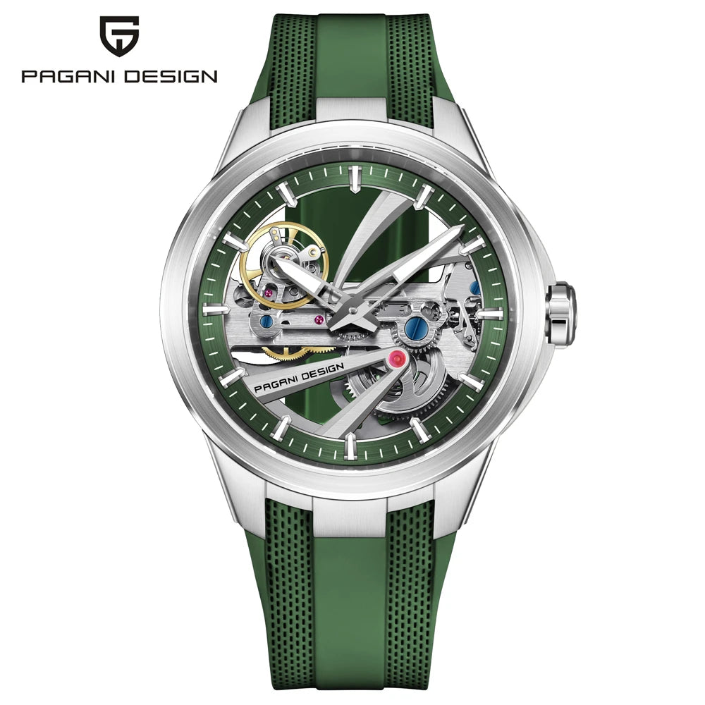 Montre pour homme PAGANI DESIGN – Modèle mécanique automatique de luxe, type « squelette » (à cœur ouvert), doté d’un tourbillon, verre saphir avec traitement antireflet, étanche et luminescent.