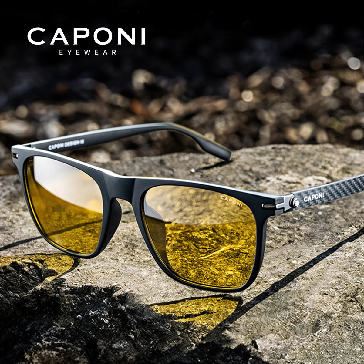 CAPONI Night Vision herresolbriller – originale designerbriller i kulfiber, gule solbriller, fotokromatiske briller BSYS24716