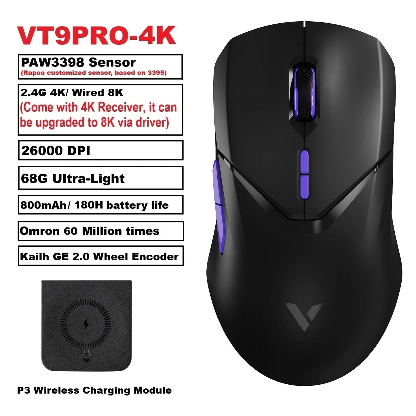 Ratón gaming inalámbrico Rapoo VT9PRO PAW3398 68g, con cable, programable, ergonómico, 26000DPI, recargable Type C, accesorio para PC gamer