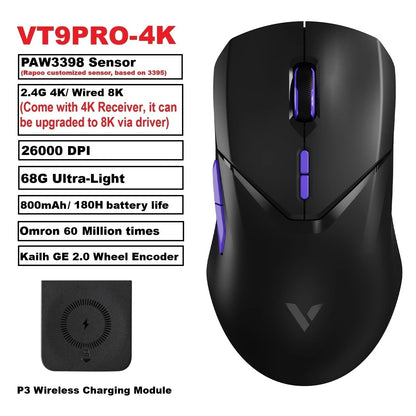 Ratón gaming inalámbrico Rapoo VT9PRO PAW3398 68g, con cable, programable, ergonómico, 26000DPI, recargable Type C, accesorio para PC gamer