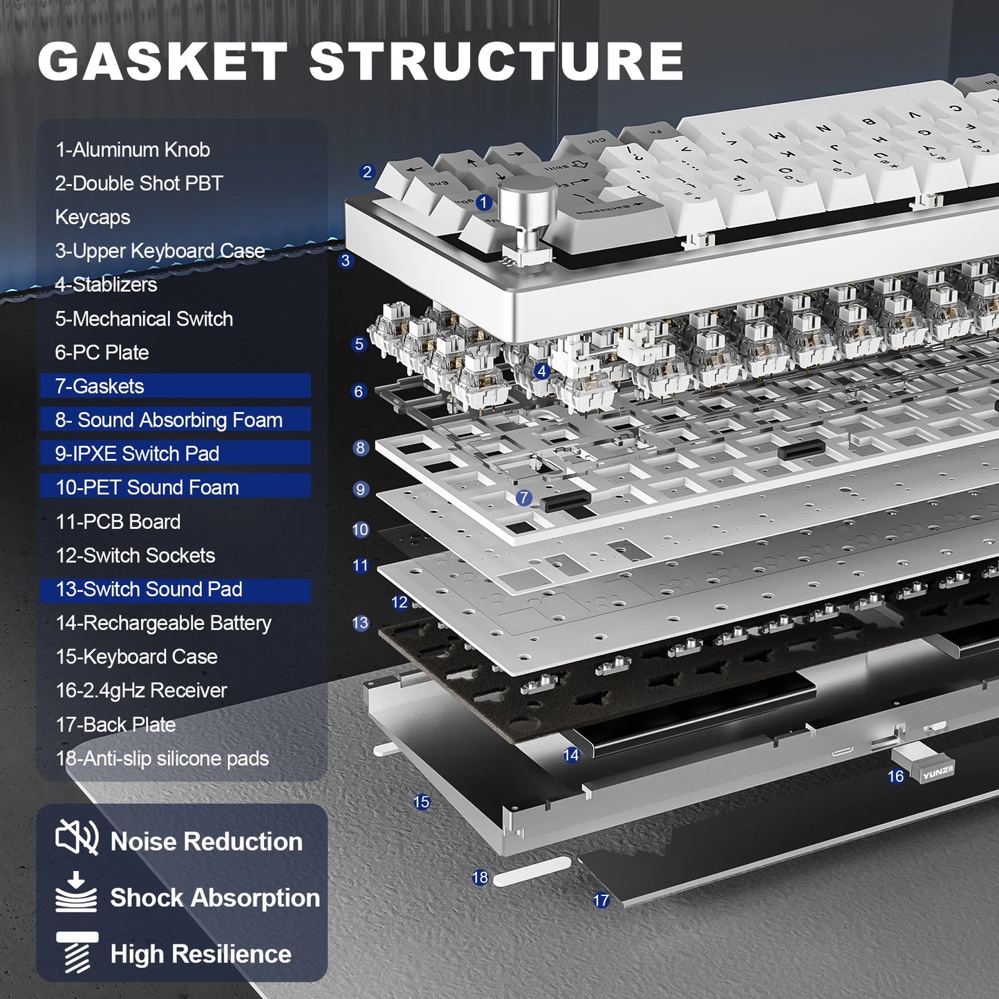 YUNZII AL68 Silver Aluminum Mechanical Gaming Keyboard, QMK/VIA Wireless Keyboard, Hot Swap Gasket Custom Keyboard with Knob