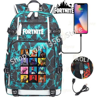Red Jade F-Fortnited Battle Royale Backpack with USB Charging Anime Figures Study Stationery Compartment for Students Mochila