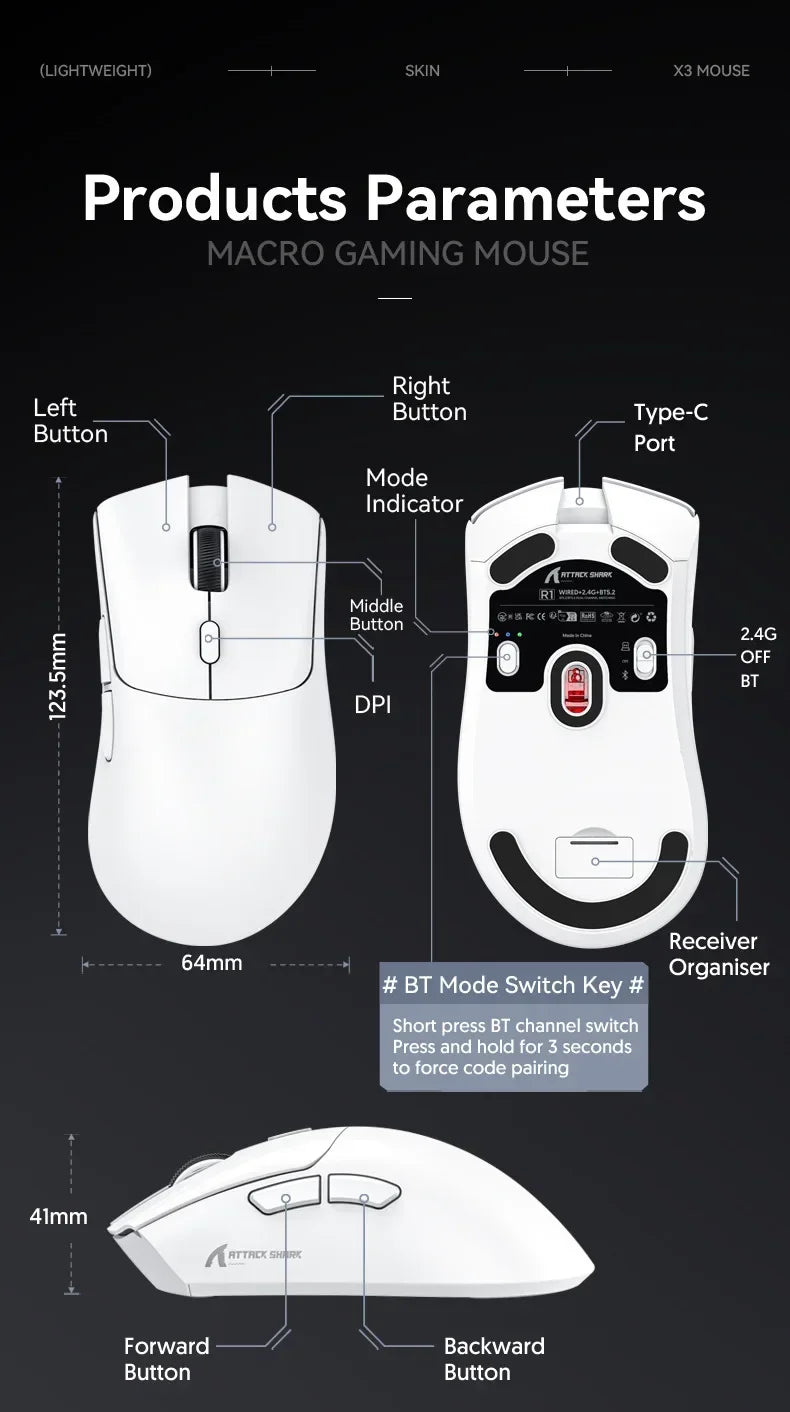 Attack Shark R1 2.4G USB безжична Bluetooth геймърска мишка 18K DPI PAW3311 трирежимна свързаност 59g лека за PC лаптоп Mac