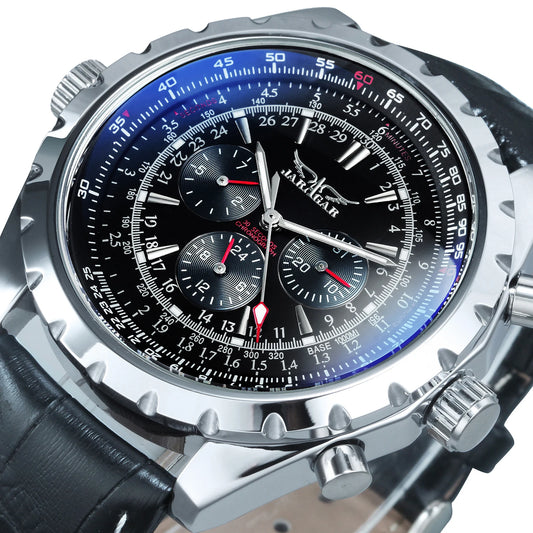 JARAGAR Men’s Luxury Automatic Mechanical Watch  Military Sport Design, Multifunction Dial & Leather Strap