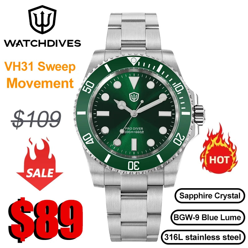 Watchdives WD1680Q V2 Green Dial Quartz Watches VH31 Sweep Second Movement Sapphire 200M Waterproof Stainless steel WristWatch
