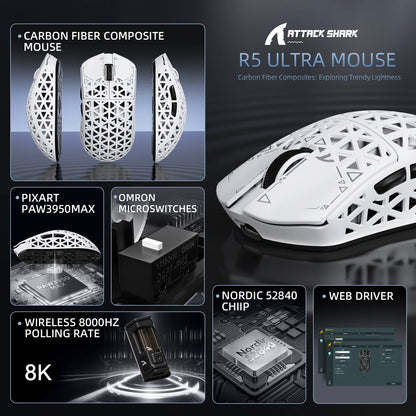 ATTACK SHARK R5 Ultra Carbon Fiber brezžična gaming miška, gaming senzor PixArt PAW3950MAX, 42000DPI, 8000Hz, MCU Nordic 52840