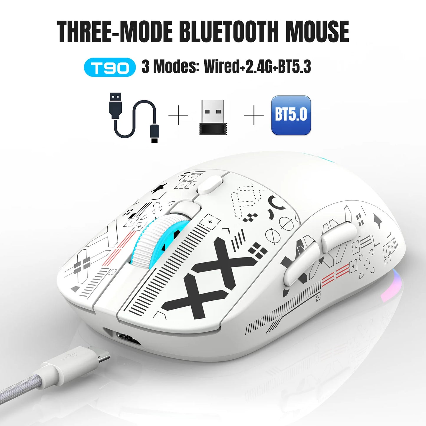 Ratón gaming Bluetooth recargable de 3 modos 2.4G USB inalámbrico con retroiluminación RGB para iPad, tablet, portátil y ordenador