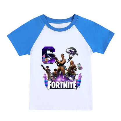 T-shirt infantil Fortnite Números 0-9, estampado cartoon de jogo, algodão puro, manga curta, top desportivo casual para menino e menina, presente de vestuário