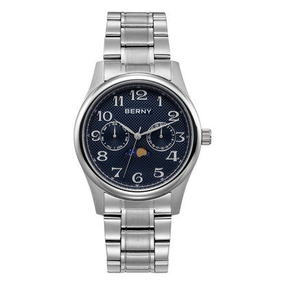 BERNY Watches for Men Moon Phase Quartz Men's Watch Day and Date Calendar Easy Read Vintage-Style Business Dress Wristwatch