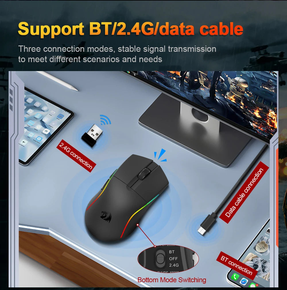 REDRAGON DEICIDE M816 PRO RGB USB mit Bluetooth-Unterstützung, 2.4G kabellose Gaming-Maus, 26000 DPI, 6 Tasten für Gamer, kabelgebundene Computermaus