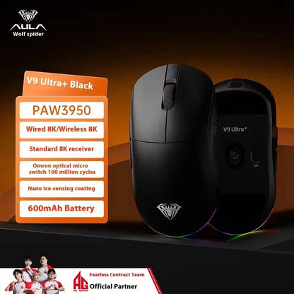 Aula V9 Ultra безжична e-sports гейминг мишка Double 8k 3mode PAW 3950 8k 55g, лека ергономична мишка, персонализиран аксесоар за PC