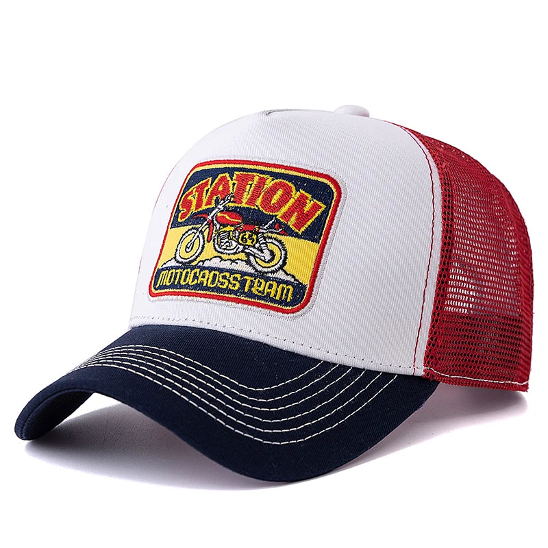 Cappellino da baseball unisex in rete, modello Trucker classico con motivo motociclistico, traspirante, estivo, in stile streetwear per uomo e donna