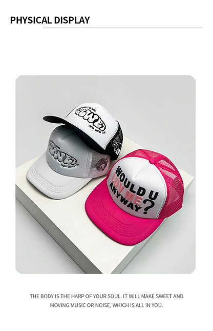 Cappelli da baseball unisex nuovi con color block, stampa lettering e ricamo, stile hip hop, rete traspirante, visiera parasole, trucker street versatili