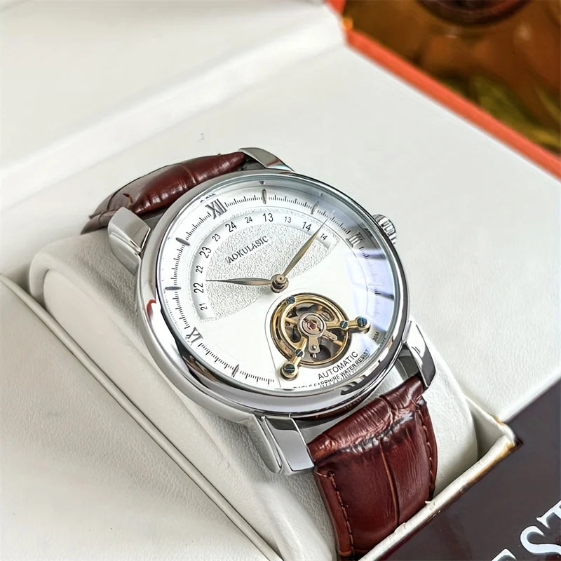 Relógio mecânico automático para homem – Design elegante com aberturas, estilo «business casual» na moda, caixa em liga e bracelete em pele, sem pilha