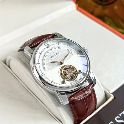 Relógio mecânico automático para homem – Design elegante com aberturas, estilo «business casual» na moda, caixa em liga e bracelete em pele, sem pilha
